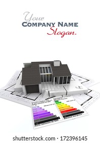 3D rendering of a house, on top of blueprints, with and energy efficiency rating chart 