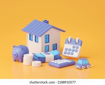 3d Rendering Of House With Piggy Bank, Calculator, Calendar And Money, Real Estate Concept.