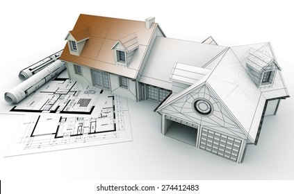 3D rendering of a house project on top of blueprints, showing different design stages