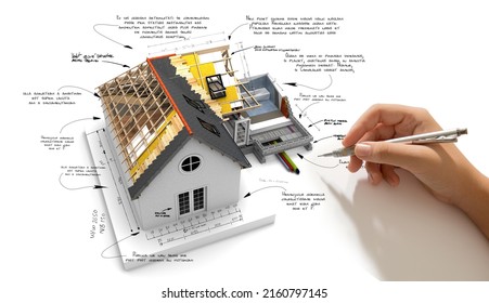 3D Rendering Of A House Project With Technical  Construction Requirements. The Writing Is Dummy Text For Illustrative Purposes