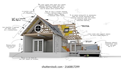 3D Rendering Of A House Project With Technical  Construction Requirements The Writing Is Dummy Text For Illustration Purposes