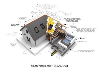 3D Rendering Of A House Project With Technical  Construction Requirements  In Dummy Text, For Illustration Purpose