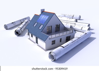 3D rendering of a house with solar panels on the roof surrounded by rolls of blueprints