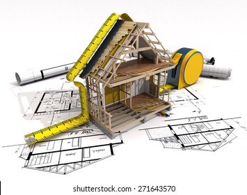 3D rendering of a house under construction with full technical details on top of blue prints, and a measuring tape - Powered by Shutterstock