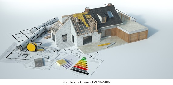 3D Rendering Of A House Undergoing  Renovations There Is Dummy Text In The Chart And French In The Blueprint: Laundry Room, Non Convertible Roof Space, Room, Toilet, Hall, Dining Room, Dressing Room 