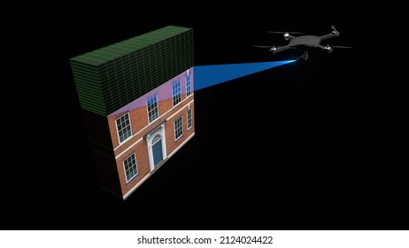 3D Rendering of how a drone can perform photogrammetry and 3D detection of a building. 3D model of drone with payload on black background