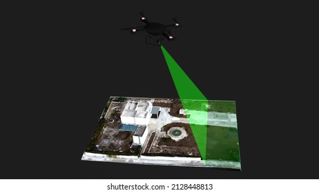 3D Rendering of how a drone can perform photogrammetry and termography operations. 3D model of drone with payload for digital reconstruction on black background.
