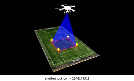 3D Rendering of how a drone can perform photogrammetry and termography operations. 3D model of drone with payload for digital reconstruction of soccer field on isolated background.