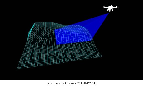 3D Rendering Of How A Drone Can Perform Photogrammetry, Inspection And Operation On Digital Terrain. 3D Model Of Drone With Payload On Black Background