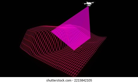 3D Rendering Of How A Drone Can Perform Photogrammetry, Inspection And Operation On Digital Terrain. 3D Model Of Drone With Payload On Black Background