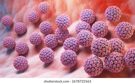 3D rendering of HPV virus particles interacting with human cells.