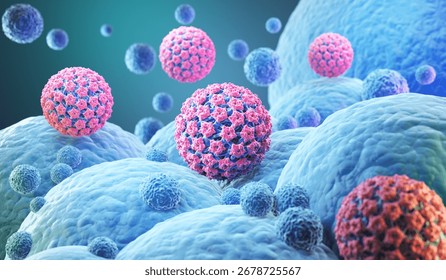 3D rendering of HPV virus particles interacting with human cells.