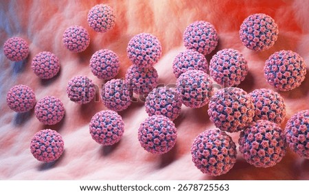 3D rendering of HPV virus particles interacting with human cells.