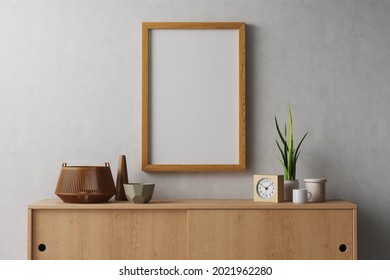 3d rendering of a huge 24 x 36 inch hang on the textured white wall, canvas paper for poster, illustration or artwork mockup in walnut wooden frame in warm diffused light minimalist interior room