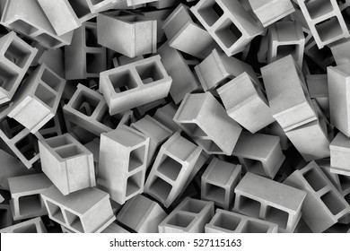 3d rendering of a huge amount of gray cinder blocks lying together in disorder, top view. Building materials. Construction industry. Renovation of premises.