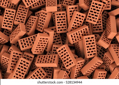 3d Rendering Of A Huge Amount Of Red Face Bricks Lying Together In Disorder, Top View. Building Materials. The Construction Industry. Renovation Of Premises.