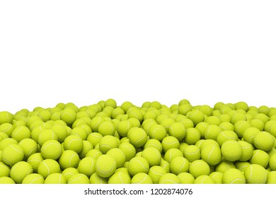 3d Rendering Of A Huge Amount Of Yellow-greed Tennis Balls Lying In A Pile On A White Background. Tennis Gear. Competitive Sport. Match And Set.