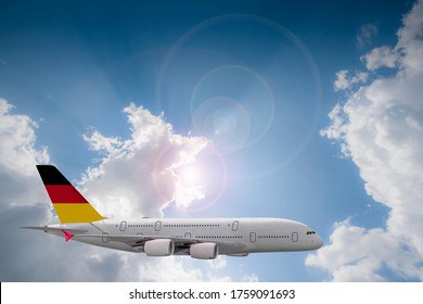 3D rendering:
Huge German-flagged jet cruising cloudy sky on sunny blue sky as creating beautiful passenger jet airplane horizontal view with unique afternoon sky scape in background - ready to use. - Powered by Shutterstock