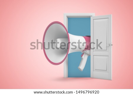 3d rendering of huge pink and white megaphone emerging from white door on pink gradient background. Public relations. Advertising. Strike pickets.