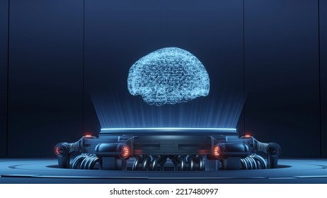 3D Rendering Of Human Brain Hologram Projected From Sci Fi Led Device. For Futuristic Background Concept, Implant, Cyborg, High Tech Scan