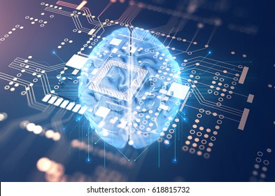 3d Rendering Of Human  Brain On Technology Background  Represent Artificial Intelligence And Cyber Space Concept