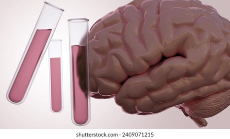 3d rendering of a human brain and two test tubes filled with a clear liquid, possibly containing tissue samples or or fluid from the brain.