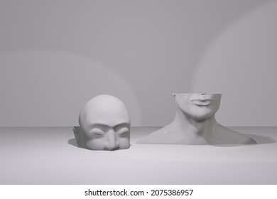 3D Rendering: Human bust cut in half and separated, isolated in a grey background
