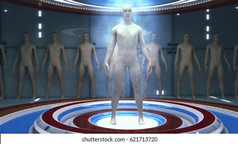 3d Rendering. Human Clone Manufacturing And Futuristic Room