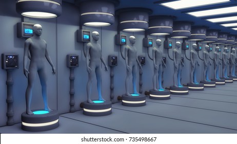 3d Rendering. Human Clone Manufacturing And Futuristic Room