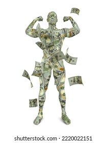 3D rendering of human figure made up of US dollar notes
