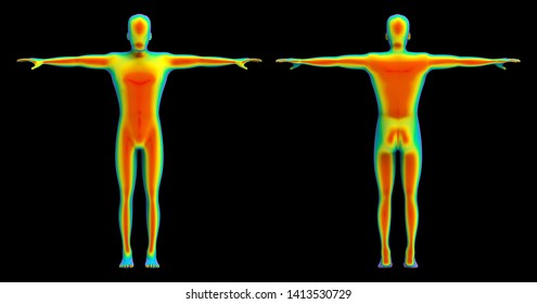 3d rendering. Human front and back body scan by infrared ray structure measure with clipping path isolated on black background.