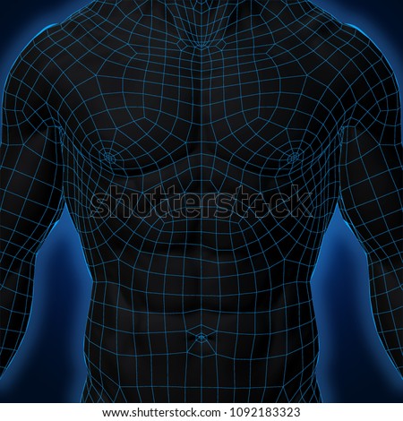 3D Rendering, Human muscle, Black shade anatomy man with Blue Wireframe Body Chest front view on dark background, Clipping path.