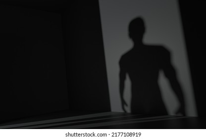 3D Rendering Of A Human Shadow On A Black Wall. Dark Empty Room With Human Shadow