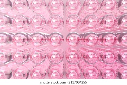 3d Rendering Of Human Skin Cells.Transparent Close Up Macro Liquid Bubbles Microstructure.Pink Stem Cells Sphere With Shine.Transverse Scientific Section Of The Epidermis Cell Layer.Microscopic