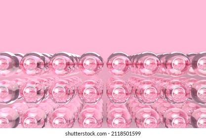 3d Rendering Of Human Skin Cells.Transparent Close Up Macro Liquid Bubbles Microstructure.Pink Stem Cells Sphere With Shine.Transverse Scientific Section Of The Epidermis Cell Layer.Microscopic