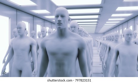 3d rendering. Humanoid head and futuristic room