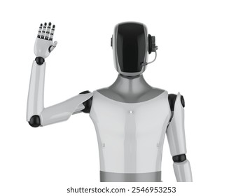 3d rendering humanoid robot or ai cyborg with black face hand up isolated on white
