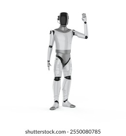 3d rendering humanoid robot or ai cyborg with black face hand up isolated on white