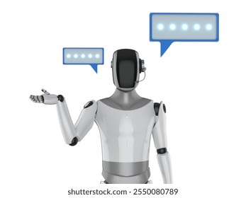 3d rendering humanoid robot or ai cyborg with speech bubble isolated on white