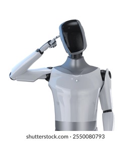 3d rendering humanoid robot or ai cyborg with black face think or analyze isolated on white