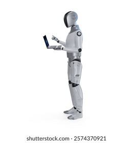 3d rendering humanoid robot or ai cyborg with black face hand hold notebook computer isolated on white