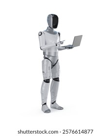 3d rendering humanoid robot or ai cyborg with black face hand hold notebook computer isolated on white