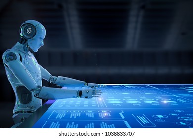 3d rendering humanoid robot with digital graphic display