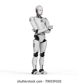 3d Rendering Humanoid Robot Full Body On White Background