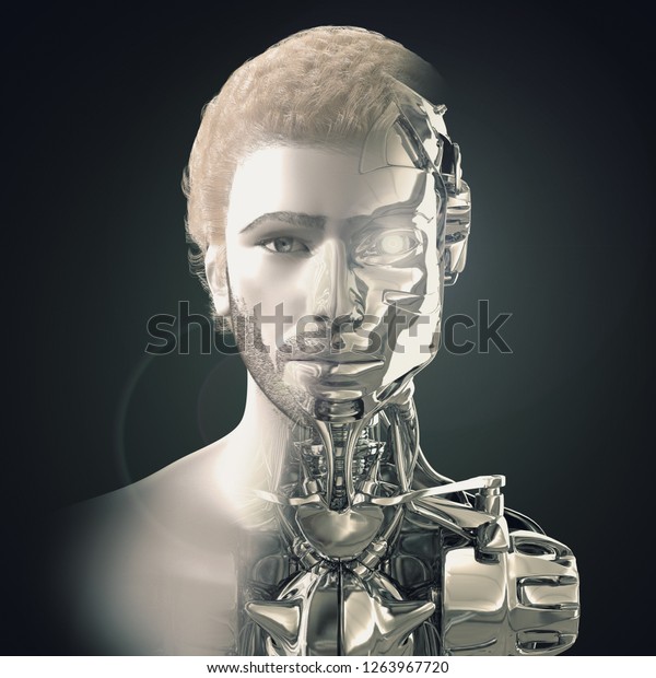 人間型ロボットの3dレンダリング 半人間 半機械 のイラスト素材
