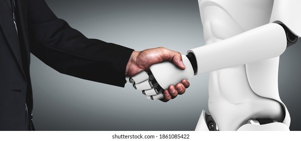 3D rendering humanoid robot handshake to collaborate future technology development by AI thinking brain, artificial intelligence and machine learning process for 4th industrial revolution. - Shutterstock ID 1861085422