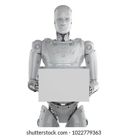 3d rendering humanoid robot holding white boxes isolated on white