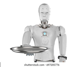 3d Rendering Humanoid Robot Holding Serving Tray