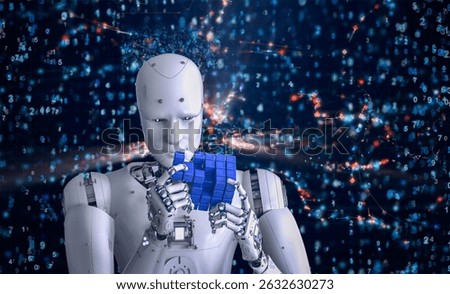 3d rendering humanoid robot playing cube puzzle
