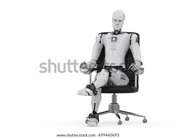 3dレンダリングで人型ロボットがオフィスの椅子に座る のイラスト素材